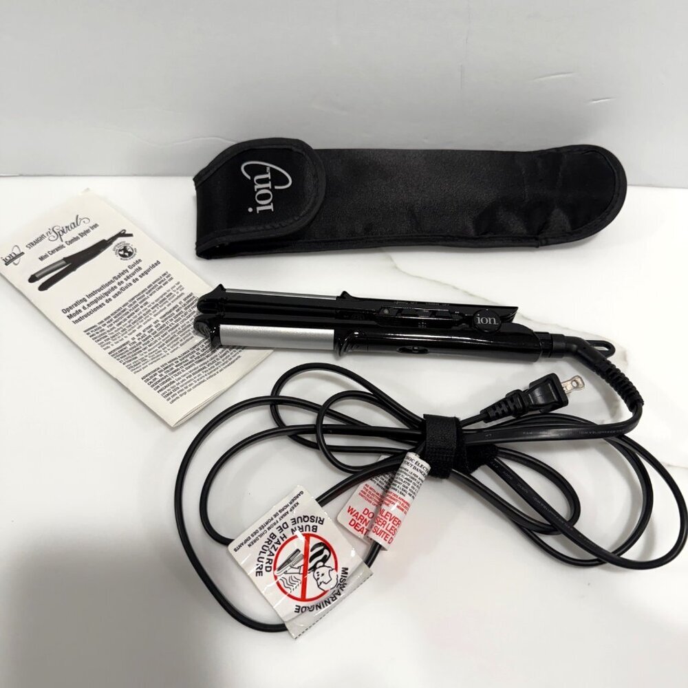 ION Straight n' Spiral Styling 1" Mini Flat Iron Titanium Tourmaline Case Gloves